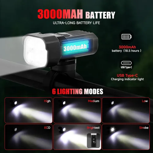 Vista 10 de Bike Light for Night Riding, 2000LM/1000LM Bicycle Headlight & Taillight, Multiple Modes,3000mAh/2000mAh USB C Rechargeable Waterproof LED Bright