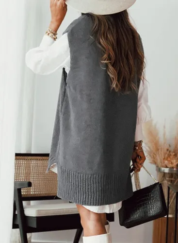 Vista 2 de EVLAESS - Chaleco de gran tamaño para mujer, cuello en V, sin mangas, color sólido, suéter suelto