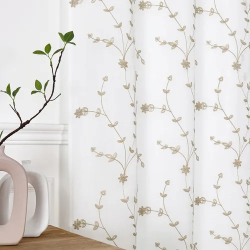 Vista 9 de Bujasso - Cortinas de hojas transparentes de 63 pulgadas, bordadas con flores, estilo granja, cortinas con filtro de luz para ventana, patrón Dorado