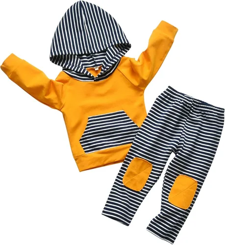 Vista 2 de Rebey Conjunto de sudadera con capucha de manga larga a rayas para bebés y niños pequeños