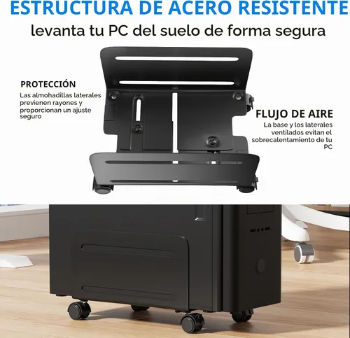 Vista 4 de AGPTEK Soporte para CPU, ancho ajustable de 4.7 a 8.2 pulgadas con 2 ruedas de bloqueo y 2 ruedas giratorias, color negro