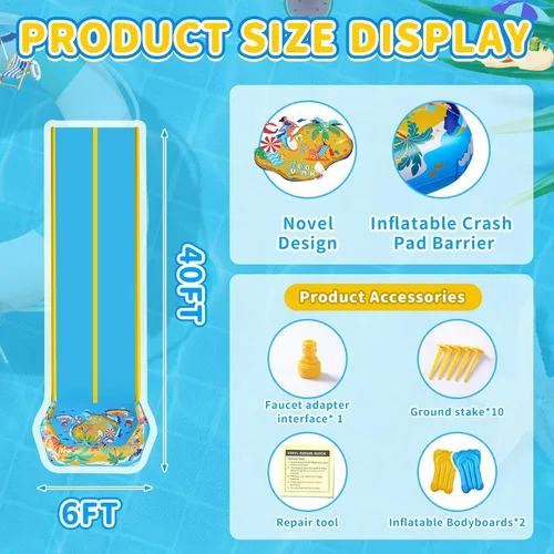Vista 2 de Toboganes de agua y toboganes de agua dobles de 40 pies con 2 tablas de bodyboard, toboganes de agua inflables gigantes para niños y adultos, patio