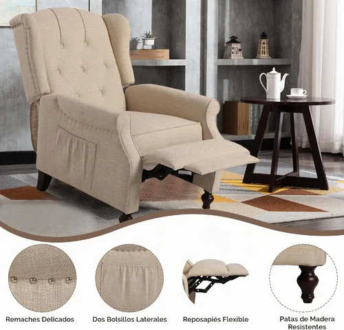 Vista 7 de Silla Wingback con masaje y calor, silla reclinable de tela copetuda, silla reclinable con respaldo de ala con control remoto, cojín acolchado