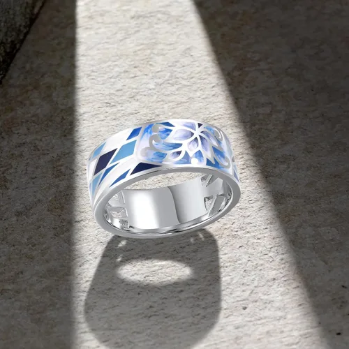 Vista 3 de Santuzza Anillo de plata de ley 925 con patrón de flores esmaltadas para mujer
