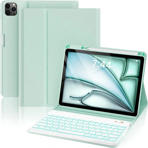Vista 31 de OYEEICE Funda de teclado para iPad 6ª/5ª generación de 9.7 pulgadas, teclado inalámbrico desmontable retroiluminado de 7 colores, cubierta magnética
