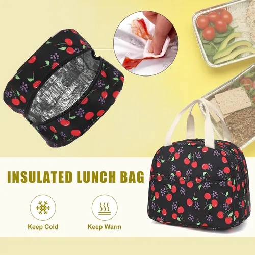 Vista 3 de Bolsa de almuerzo para mujeres, reutilizable, aislada, para el trabajo, escuela, picnic, playa (cereza)