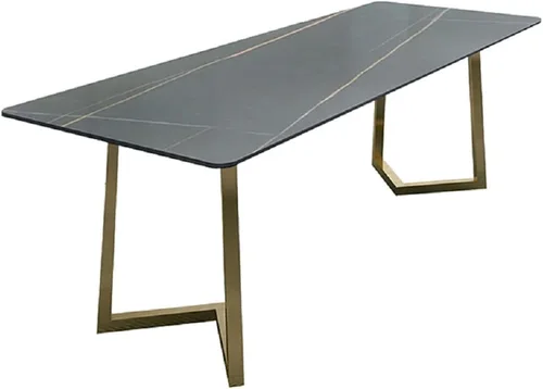 Vista 4 de Mesa rectangular de mármol con pedestal doble, mesa de comedor de dos colores con piedra sinterizada