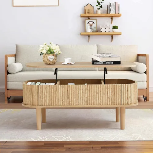 Vista 8 de Mesa de centro con parte superior acanalada totalmente montada con compartimento oculto, mesa central de madera, moderna mesa de elevación ovalada