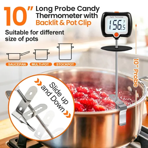Vista 2 de Termómetro digital para dulces de 10 pulgadas de largo con clip para olla, termómetro para freír profundo, pantalla giratoria, el mejor termómetro