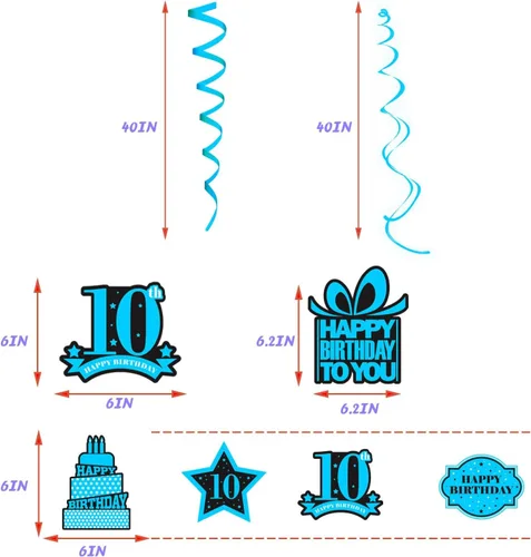 Vista 4 de Cartel colgante de feliz cumpleaños número 10 con diseño de remolinos y estrellas, confeti de felicitación a los 10 años de edad, cumpleaños, Hello