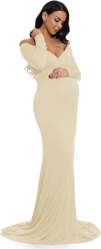 Vista 3 de ZIUMUDY - Vestido ajustado de maternidad con cuello en V fruncido, hombros descubiertos, manga larga, maxivestido para fotografía
