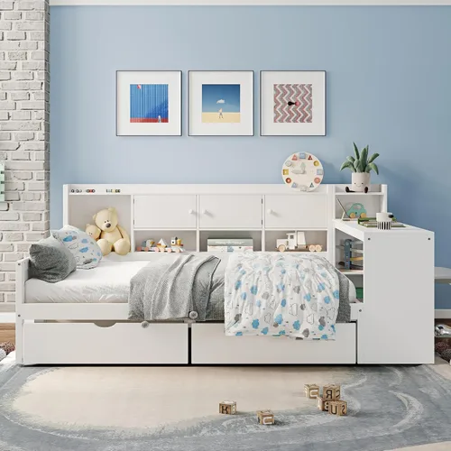 Vista 43 de VilroCaz Cama de sofá de tamaño individual de madera con estantes de almacenamiento y escritorio de estudio, estructura de cama de día Blanco