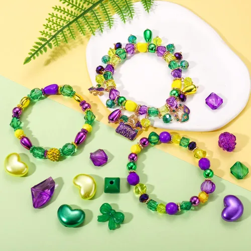 Vista 3 de 2300 cuentas de Mardi Gras para hacer joyas, cuentas de arcilla polimérica doradas, moradas y verdes, cuentas de perlas de cristal acrílico