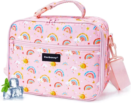 Vista 9 de Cerbonny Lonchera para niños, bolsa de almuerzo aislada para niñas y niños, poliéster duradero con forro de PEVA, correa de hombro ajustable, 10.8