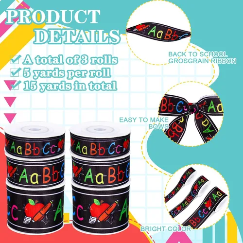 Vista 3 de JarThenaAMCS 3 rollos de cinta de grogrén Vuelta al Colegio, cinta de grogrén con temática escolar, cinta de grogrén con estampado ABC, cinta
