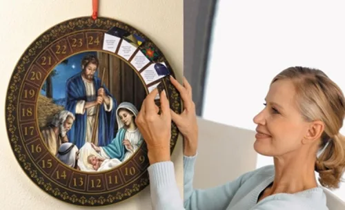 Vista 2 de Catholic Brands Calendario de Adviento con diseño de belén con pestañas troqueladas, 14 pulgadas