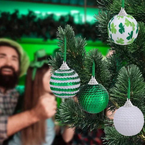 Vista 4 de Bolas colgantes de lentejuelas para el día de San Patricio, adorno de bola de trébol irlandés con purpurina de 1.96 pulgadas, bola colgante