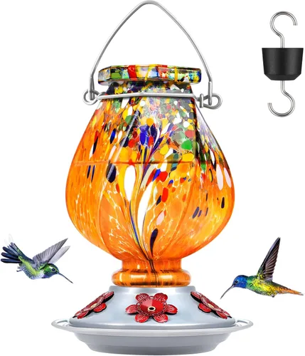 Vista 11 de BOLITE - Alimentador de colibríes, de vidrio soplado a mano, para colgar en exteriores, con trampa para hormigas y 5 puertos de alimentación, 22