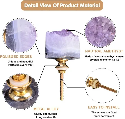 Vista 3 de JIC Gem Juego de 2 pomos de cristal de amatista natural para cocina, baño