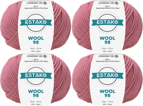 Vista 23 de Estako Wool 98 (paquete de 4 madejas) 100% lana merino superwash lana merino de peso medio suave hilo para tejer y ganchillo (4 x 1.76 onzas)