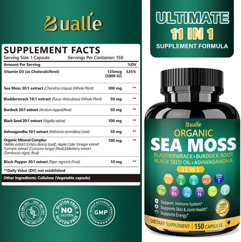 Vista 2 de Cápsulas de musgo marino irlandés Bualle – Suplementos de musgo marino orgánico, aceite de semilla negra, ashwagandha con fucus, jengibre y raíz