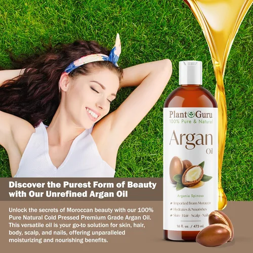 Vista 3 de Plant Guru Aceite de argán de 16 onzas líquidas Virgen de Marruecos, prensado en frío, 100% natural, estimula el crecimiento del cabello, la piel