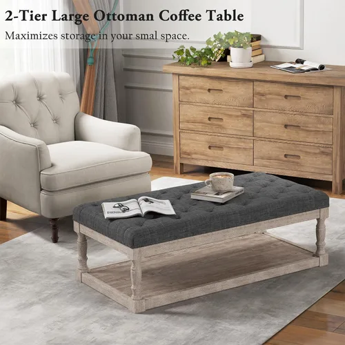 Vista 4 de Mesa de café estilo otomana, otomana grande rectangular con almacenamiento - Banco acolchado tapizado para sala de estar, tela de lino con botones