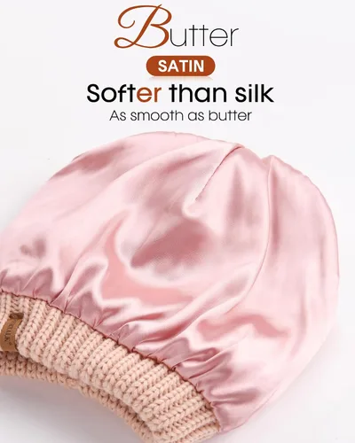Vista 12 de FURTALK Gorro de invierno para mujer, con forro de satén, tejido trenzado, grueso, holgado, gorro cálido