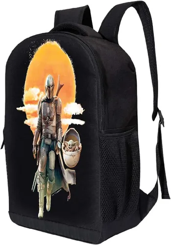 Vista 2 de STAR WARS Mochila mandaloriana negra - Bolsa acolchada de malla de aire de 18 pulgadas de Star Wars, Mando Niño y el Sol, 18 x 12 x 6, Portátil