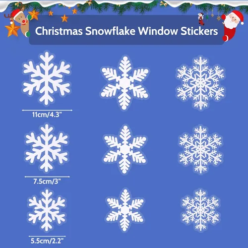 Vista 2 de Calcomanías de ventana de copos de nieve de Navidad, 108 piezas de calcomanías de copos de nieve blancos, calcomanías grandes de copo de nieve