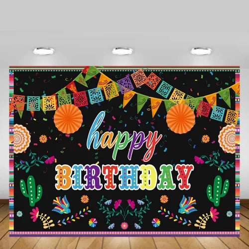 Vista 5 de MEHOFOND Telón de fondo de fiesta mexicana para fiesta de cumpleaños, suministros de decoración de fiesta, pancarta colorida para fotografía