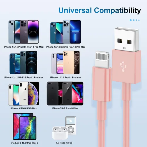 Vista 6 de Paquete de 3 cables de carga de 3 pies con certificación MFi de Apple, cable Lightning a USB de 3 pies, carga rápida de 2.4 A, cargadores