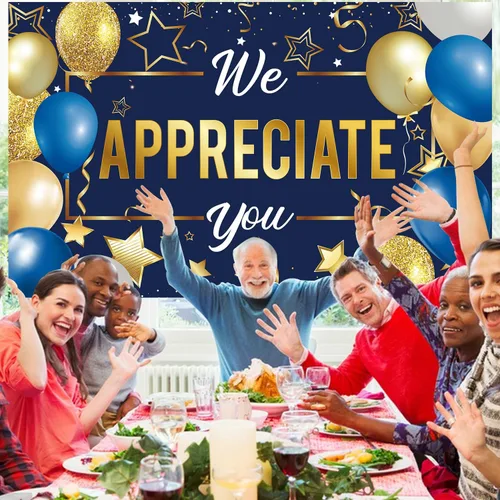 Vista 3 de Cartel de fondo con texto en inglés "We Appreciate You", decoraciones de fiesta de agradecimiento con texto en inglés "We Appreciate You", pancarta