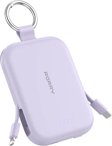 Vista 8 de RORRY Cargador portátil, batería externa de 5000mAh con cables incorporados, paquete de batería de llavero de viaje para iPhone 17/16/15/14/13/12