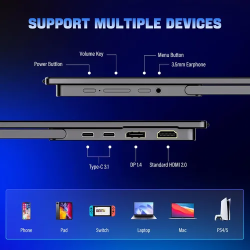 Vista 7 de InnoView Monitor portátil 2K para laptop de 18.5 pulgadas, 2560 x 1440p, QHD 120Hz, 100% sRGB, USB-C, HDMI, estándar, HDMI, segunda pantalla