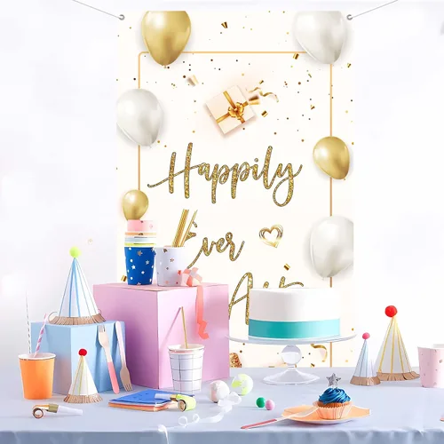 Vista 6 de INNORU Decoración de pancarta de puerta con texto en inglés "Happily Ever After", decoración de cubierta de puerta de fiesta de boda, letrero