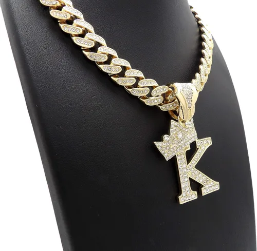 Vista 6 de Colgante con inicial K del alfabeto de Hip Hop y collar de cadena cubana con cerradura de caja helada completa de 0.472 in y 18 pulgadas, Chapado