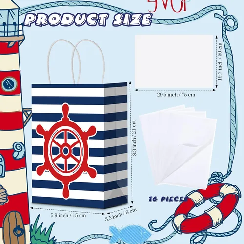 Vista 3 de Sepamoon Paquete de 16 bolsas de regalo náuticas, bolsas de papel para fiestas náuticas y papel de seda con asas, anclajes marinos, golosinas