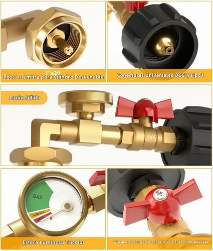 Vista 3 de HICOOI Adaptador de recarga de propano para tanques de 1 libra, con manómetro y válvula, codo de latón resistente de 90°, conector QCC1/Type1