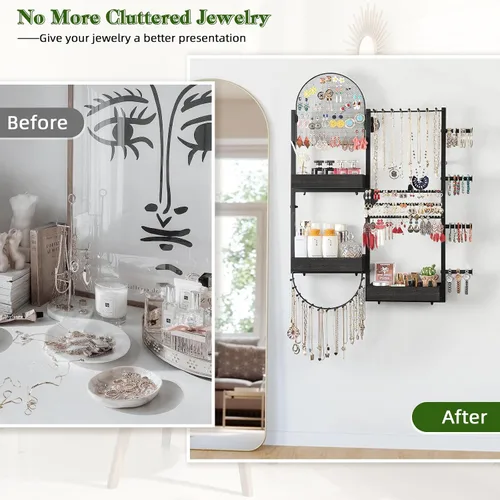Vista 5 de Keebofly Organizador de joyas colgante de montaje en pared, soporte de exhibición grande para aretes, anillos, collares, pulseras, relojes y Negro