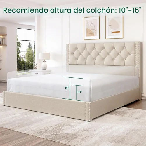 Vista 6 de LARMACE Base de cama tamaño matrimonial con 4 cajones de almacenamiento y cabecera copetada, base de cama tapizada en lino con listones de madera