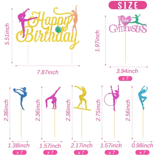 Vista 2 de 43 piezas de decoración de pasteles de gimnasia con purpurina para decoración de pasteles de gimnasia, decoraciones de fiesta de gimnasia, silueta