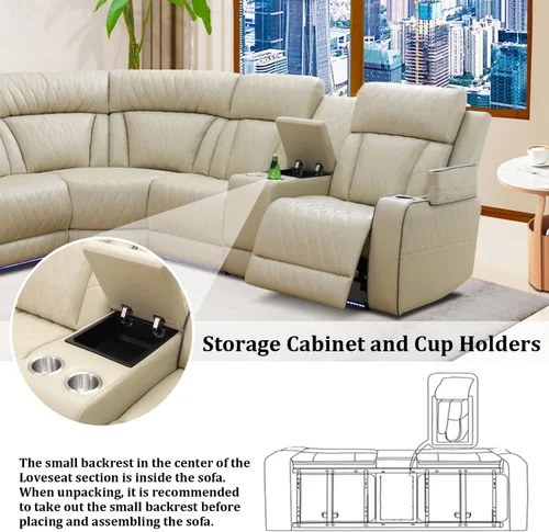 Vista 4 de Juego de sofá modular reclinable eléctrico con luz LED, juego de sofá modular reclinable de cuero, incluye sillón reclinable individual, juego