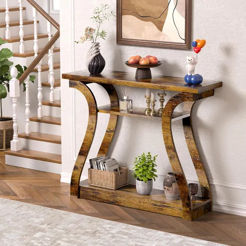 Vista 10 de Mesa consola de madera con patas curvadas y estante, mesa de sofá moderna de 3 niveles para zona de entrada, sala de estar, pasillo, 47 pulgadas