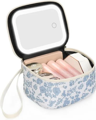 Vista 9 de Relavel Mini bolsa de maquillaje con espejo LED, pequeña bolsa de 01-Negro