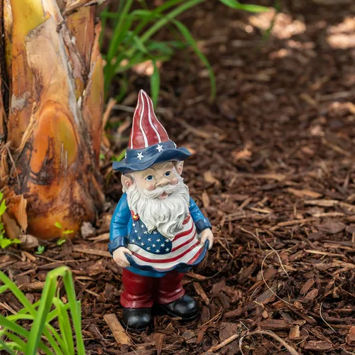 Vista 12 de Alpine Corporation Gnomo de jardín americano para exteriores de 12 pulgadas de alto con comedero para pájaros y decoración de estatua de patio