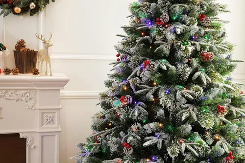 Vista 7 de Árbol de Navidad de pino flocado súper doble preiluminado con luces LED que cambian de color (6 pies preiluminado)