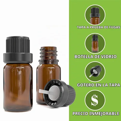 Vista 3 de Botellas de vidrio para aceites esenciales, botella de ámbar vacía recargable con reductor de orificios, cuentagotas y tapa, suministros