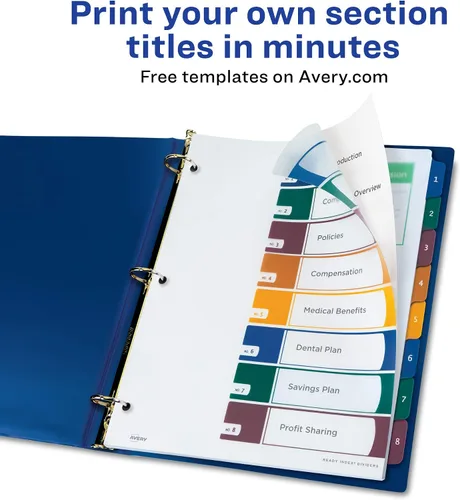 Vista 3 de Avery Separadores de plástico con 8 pestañas, tabla de contenido personalizable, pestañas multicolor, 1 juego (11817)