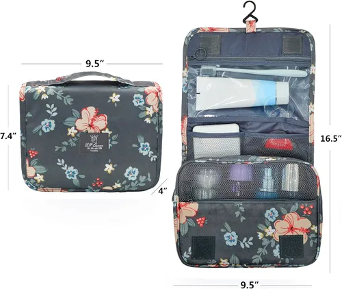 Vista 3 de Neceser portátil para viajes, con gancho, impermeable, organizador de maquillaje, cosmetiquero para mujeres y niñas, Flores grises profundas.)